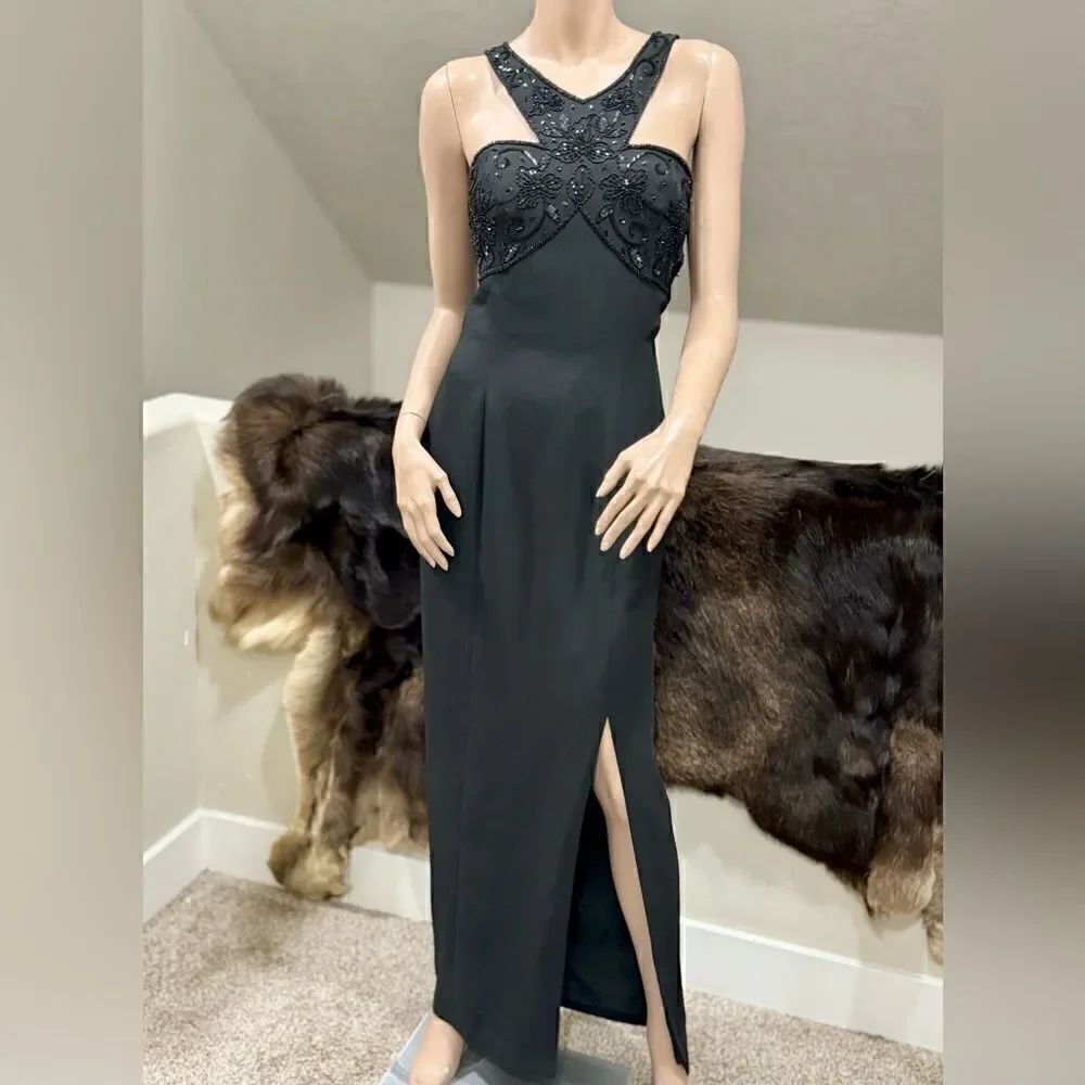 Vintage Style Black Halter Beaded Gown/Evening Dress Includes a 100% Silk Shawl